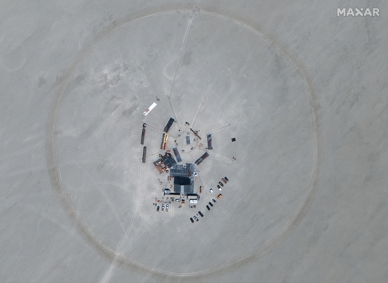 Satellite overview of Burning Man in Black Rock City, Nevada between August 7 and August 26, 2019. (Satellite image ©2019 Maxar Technologies)