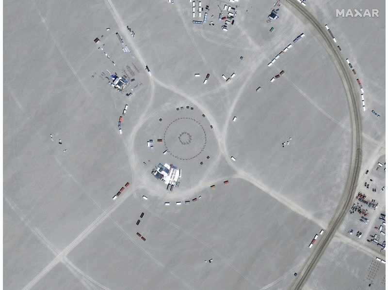 Satellite overview of the center camp at Burning Man in Black Rock City, Nevada between August 7 and August 26, 2019. (Satellite image ©2019 Maxar Technologies)