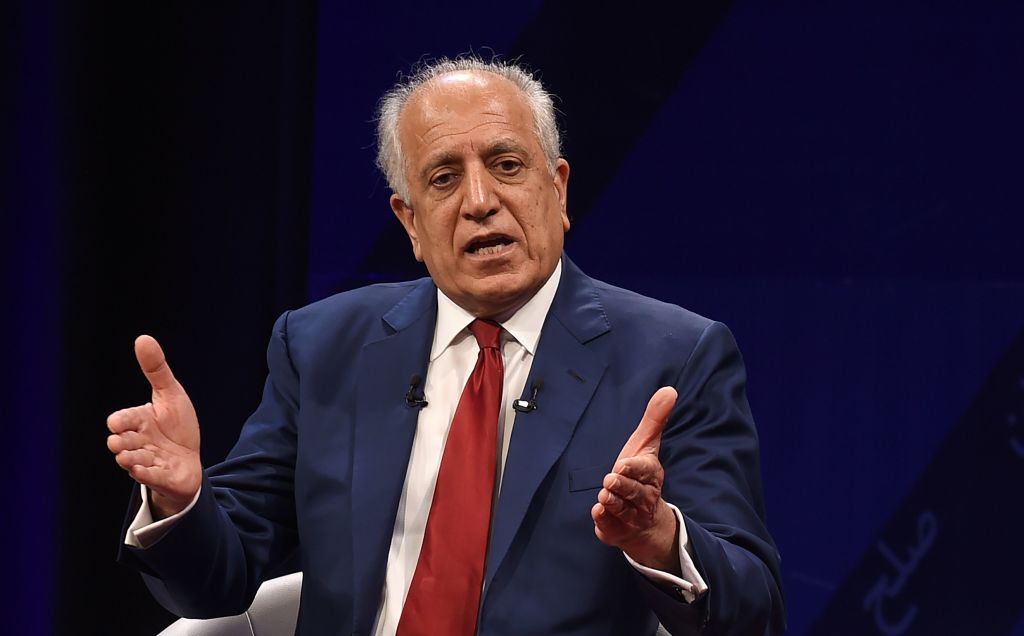 U.S. special representative for Afghan peace and reconciliation Zalmay Khalilzad speaks during a forum talk with Afghan director of TOLO news Lotfullah Najafizada, at the Tolo TV station in Kabul on April 28, 2019 (Wakil Kohsar—AFP/Getty Images)
