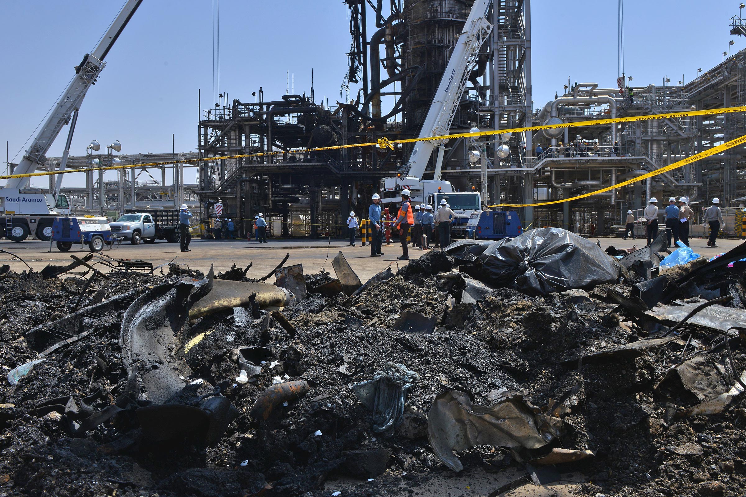 A destroyed installation in Saudi Arabia's Khurais oil processing plant on Sept. 20, 2019.