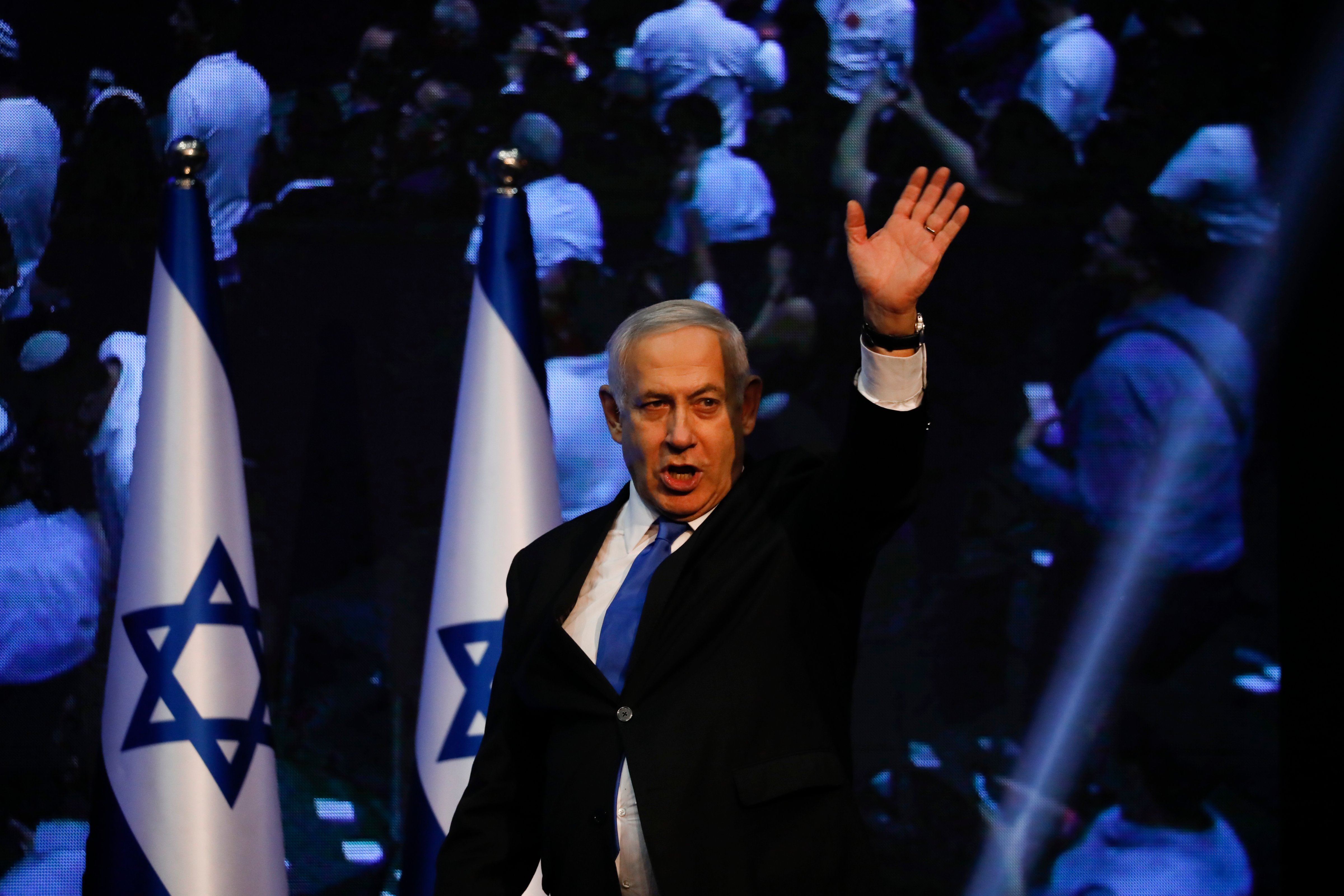 Israeli Prime Minister Benjamin Netanyahu addressees his supporters at party headquarters after elections in Tel Aviv, Israel, Wednesday, Sept. 18, 2019. (Ariel Schalit—AP)