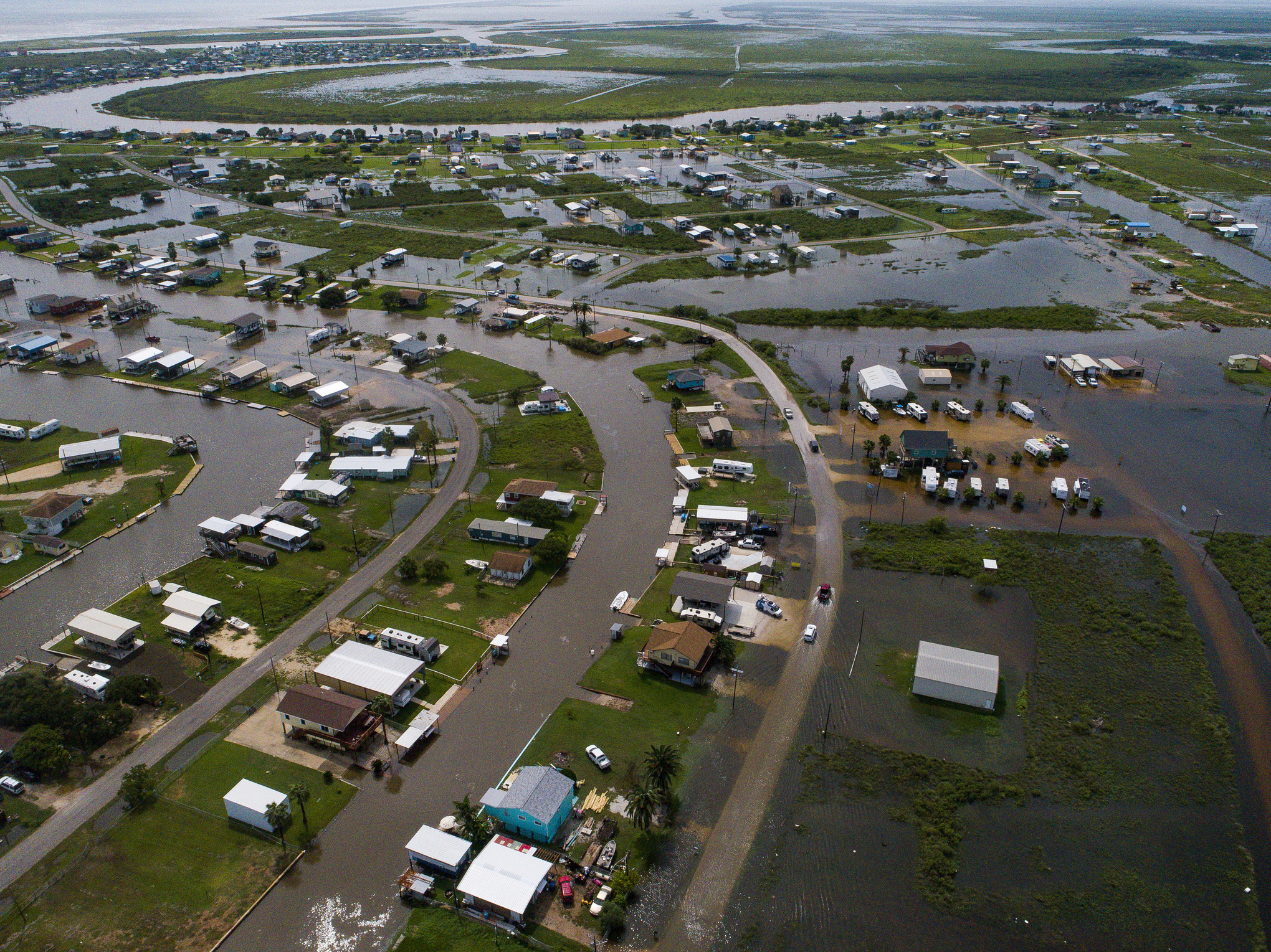 An aerial view of Sargent, Texas, which has been affected by the massive rainfall amounts dumped by Tropical Depression Imelda. (Mark Mulligan—Houston Chronicle/AP)