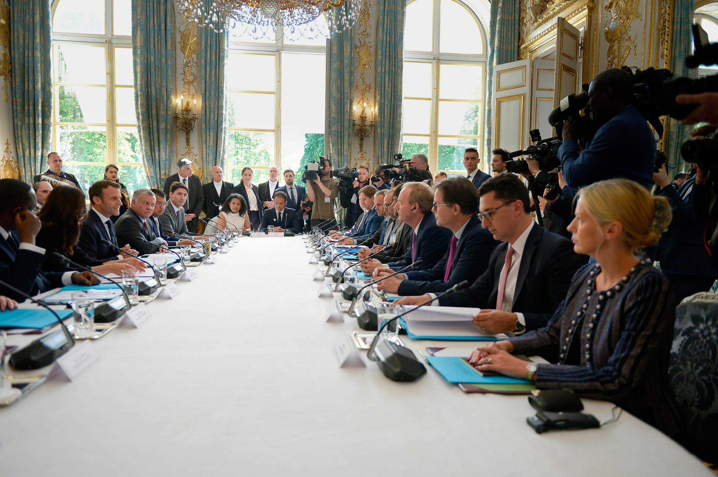 Smith, fourth from bottom right, at a Tech for Good summit with world leaders and top business executives, hosted by French President Emmanuel Macron at the Élysée Palace on May 15 (Isa Harsin—SIPA/AP)