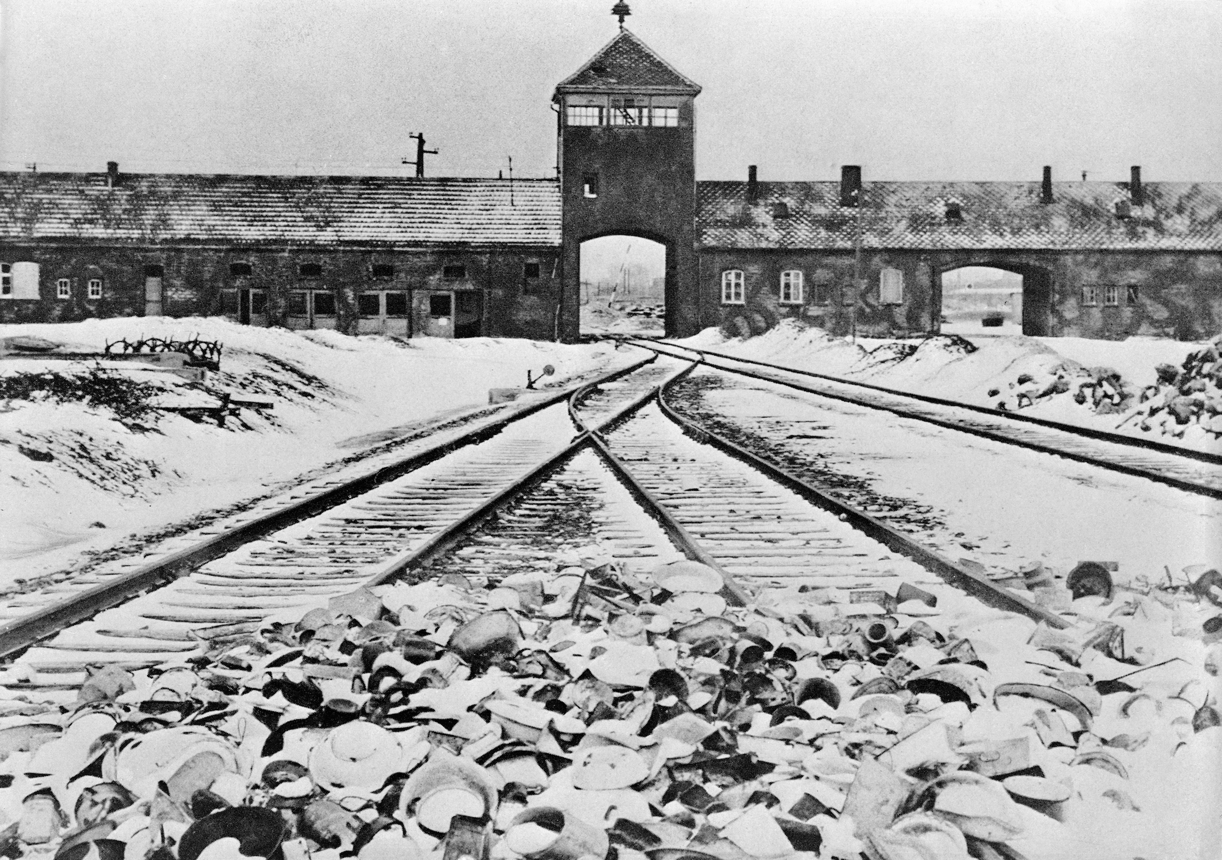 Entrance to the German concentration camp of Auschwitz-Birkenau in Poland. Undated photograph. (Bettmann/Getty Images)