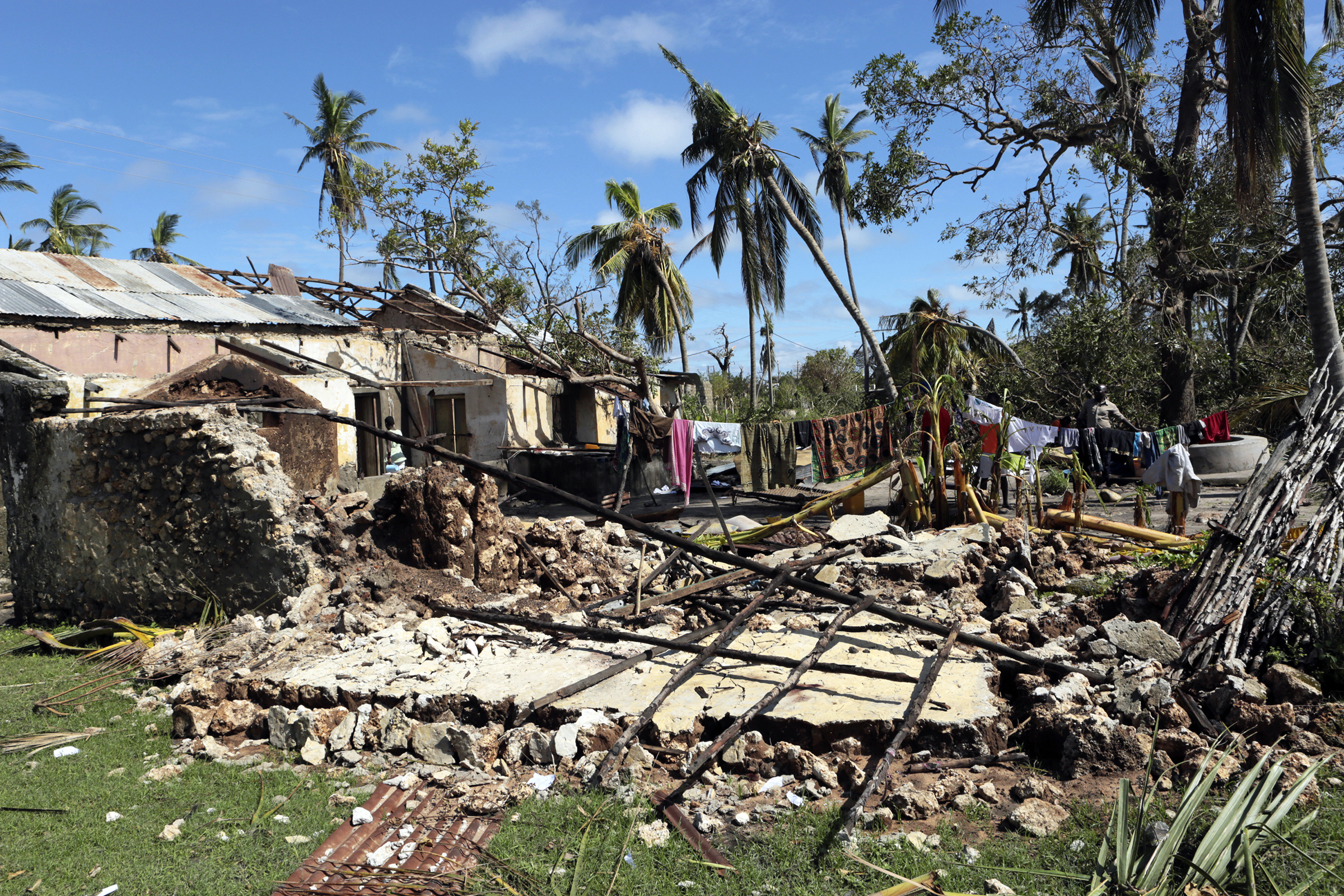 Clothes are seen on a drying line at a house damaged by Cyclone Kenneth in Ibo island north of Pemba city in Mozambique on May, 1, 2019. (Tsvangirayi Mukwazhi—AP)