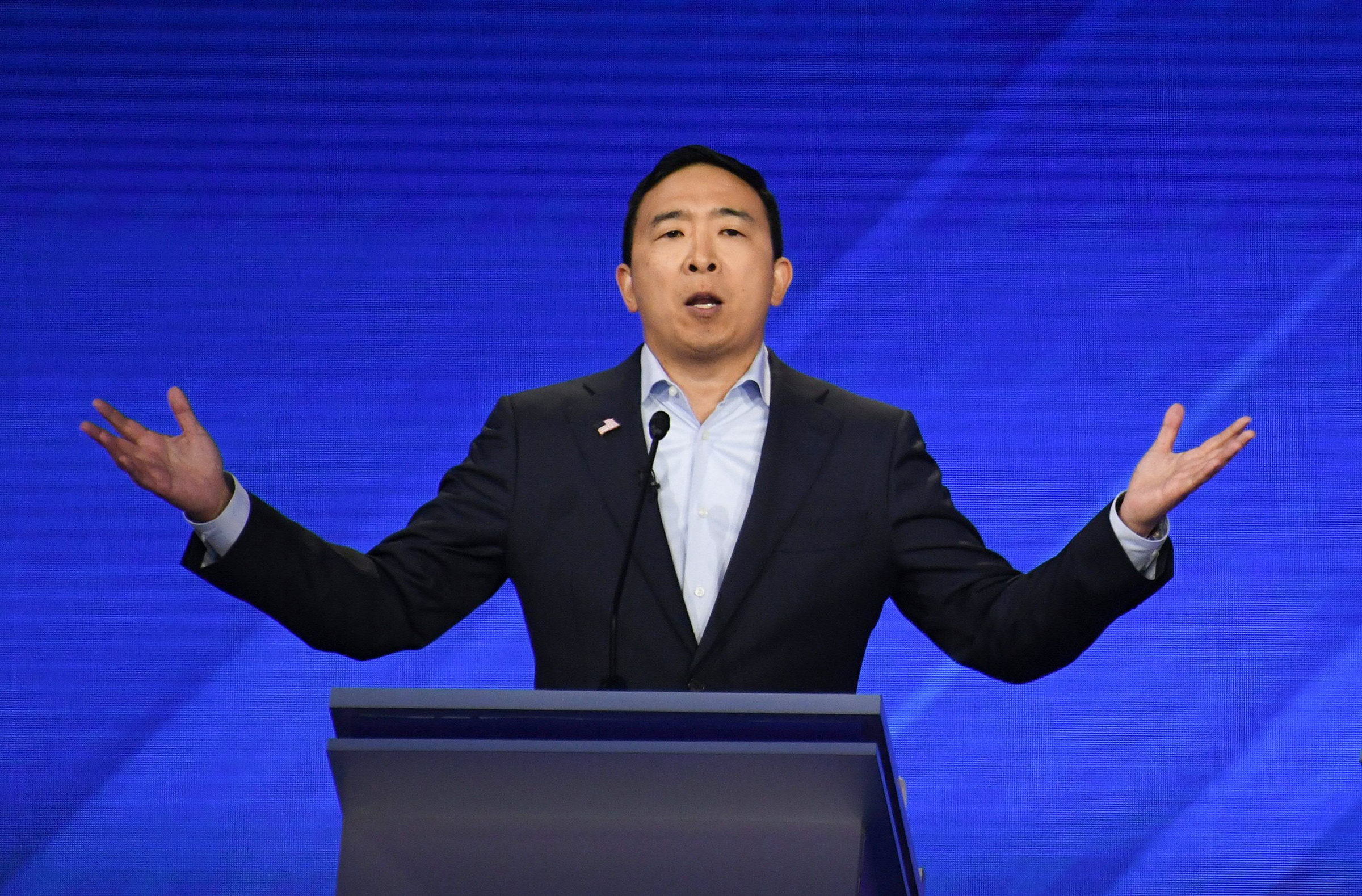 Democratic presidential hopeful Tech entrepreneur Andrew Yang speaks during the third Democratic primary debate of the 2020 presidential campaign season at Texas Southern University in Houston, Texas on September 12, 2019. (Robyn Beck—AFP/Getty Images)