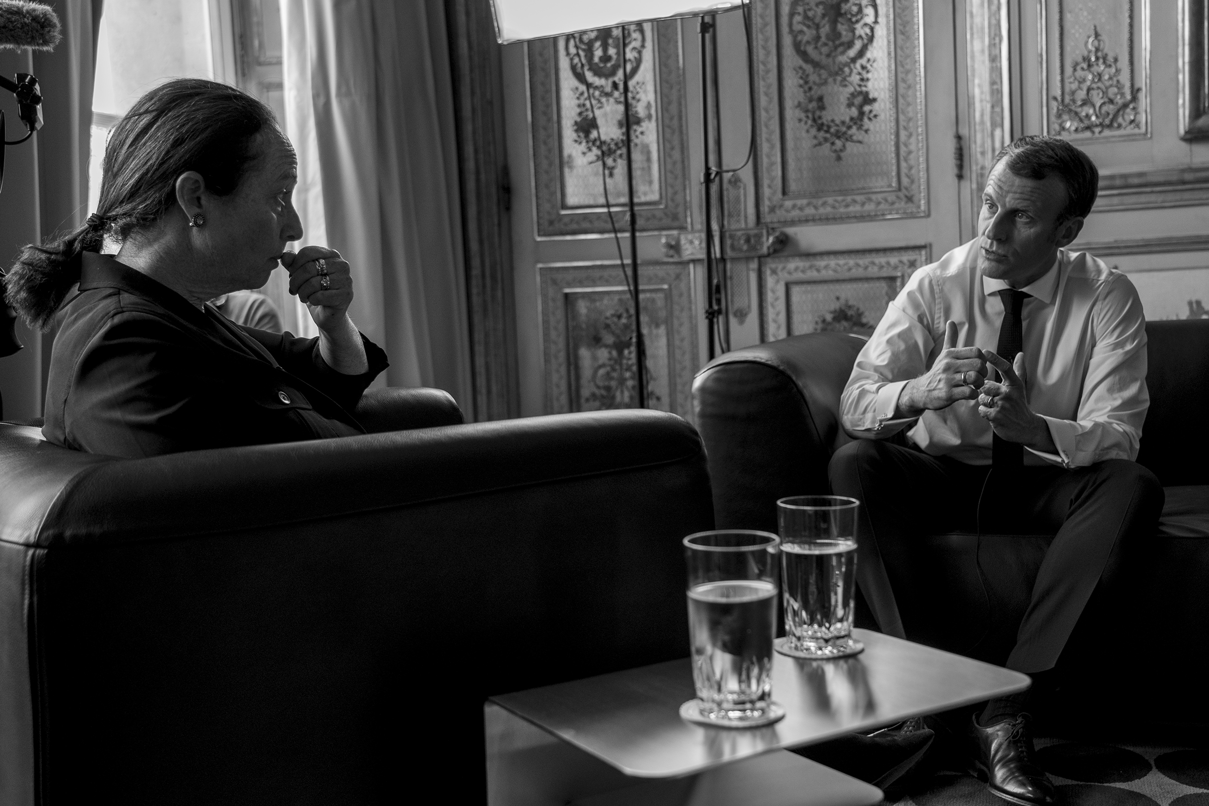 French President Emmanuel Macron is interviewed by TIME's Vivienne Walt in Paris. (Christopher Anderson—Magnum Photos for TIME)