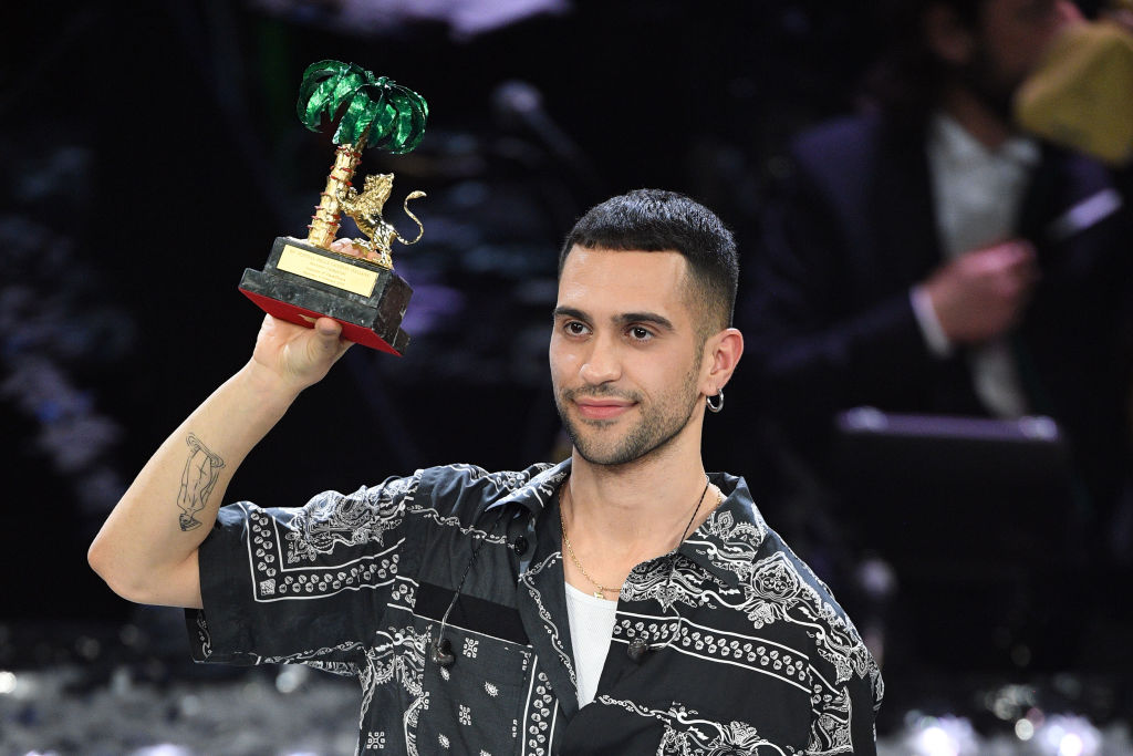Mahmood with his winner's award on stage during the closing night of the 69th Sanremo Music Festival at Teatro Ariston on February 09, 2019 in Sanremo, Italy. (Daniele Venturelli/Daniele Venturelli/WireImage)