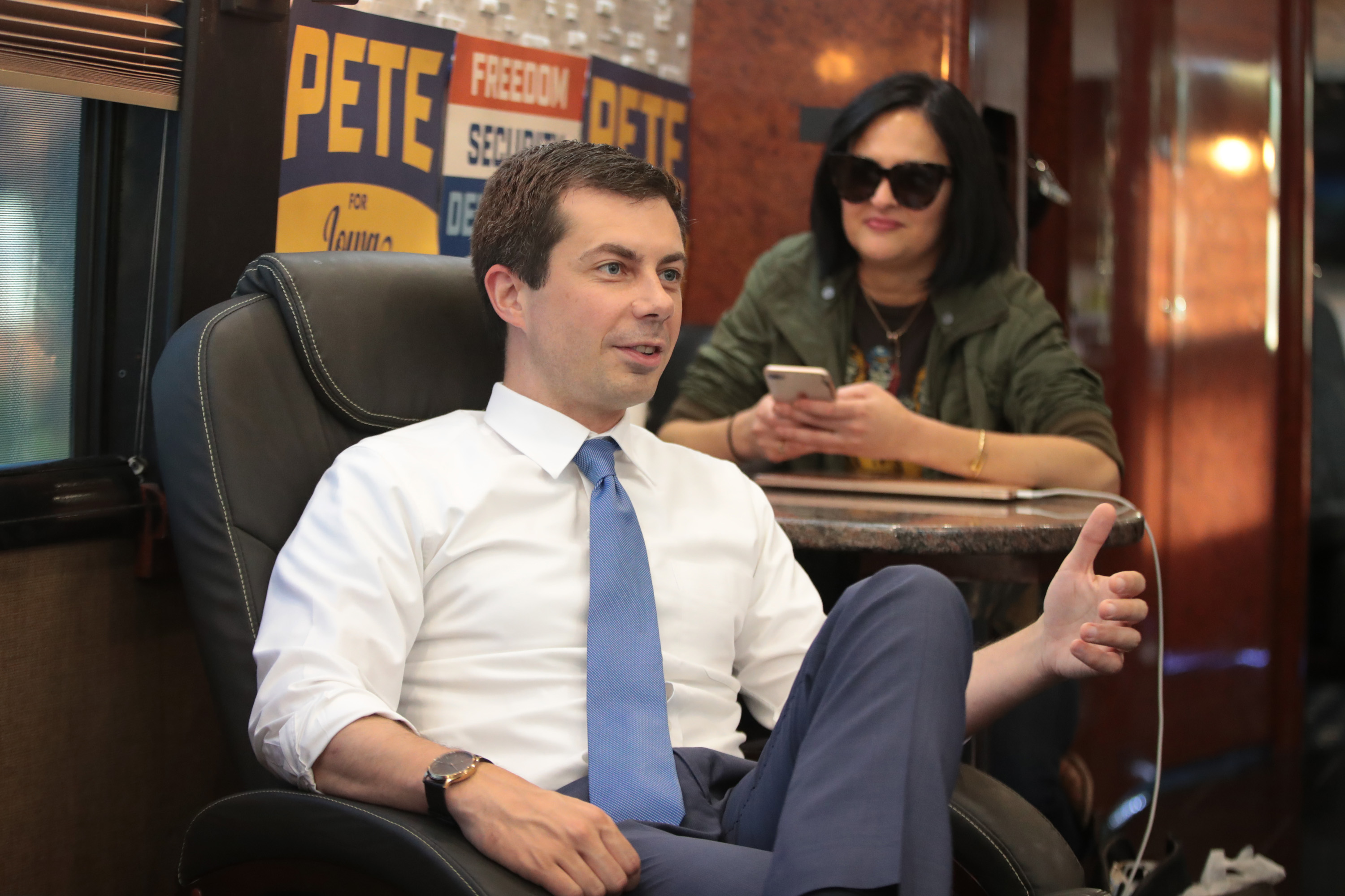 Democratic presidential candidate, South Bend, Indiana mayor Pete Buttigieg speaks to reporters on his campaign bus. (Scott Olson--Getty Images) (Scott Olson&mdash;Getty Images)