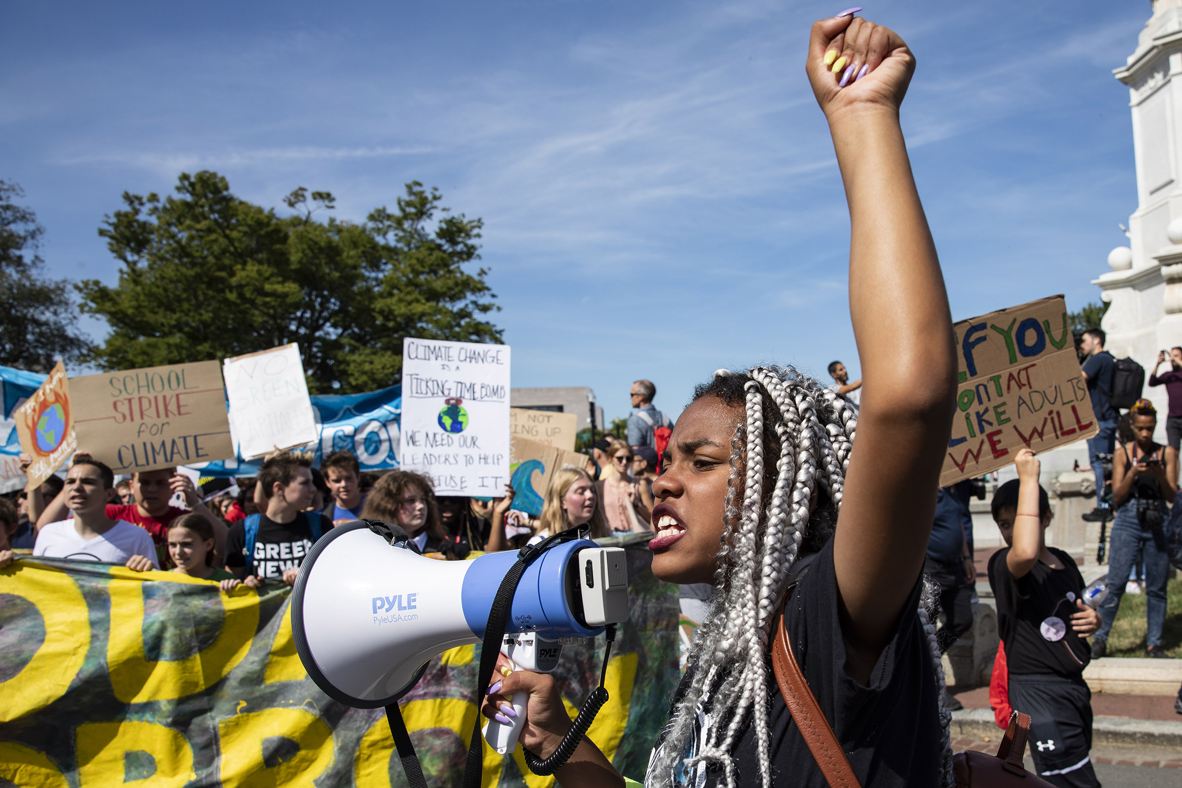 A'niya Taylor, 16, from Baltimore, MD, leads other youth down Pennsylvania Avenue to the U.S. Capitol Building as part of the Global Climate Strike protests on September 20, 2019 in Washington, DC. (Samuel Corum—Getty Images)