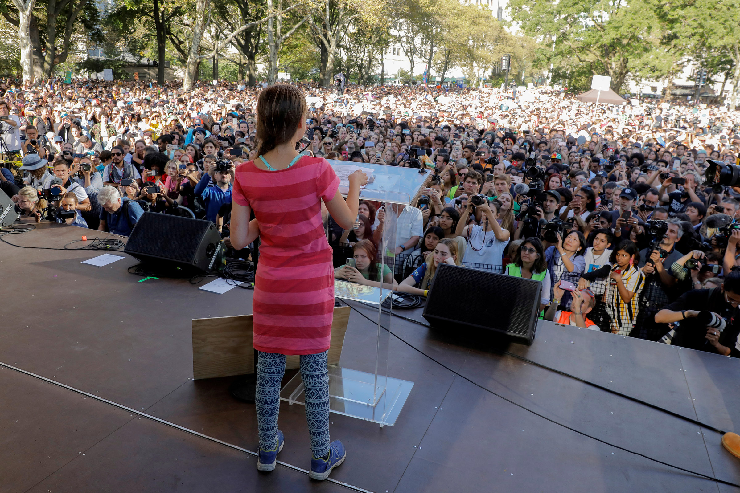 Sixteen year-old Swedish climate activist Greta Thunberg speaks to a large crowd of demonstrators at the Global Climate Strike in lower Manhattan in New York, U.S., September 20, 2019. (Lucas Jackson—Reuters)
