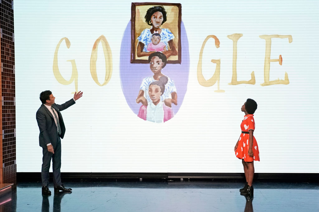 Jimmy Fallon and Doodle for Google National Winner Arantza Peña Popo during the Google Doodle reveal on 'The Tonight Show Starring Jimmy Fallon' on August 12, 2019. (Andrew Lipovsky—NBC/NBCU Photo Bank/Getty Images)