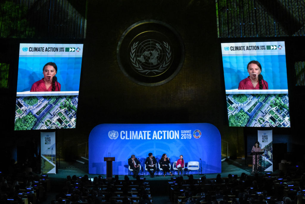 Youth activist Greta Thunberg speaks at the Climate Action Summit at the United Nations on September 23, 2019 in New York City. The summit at the U.N. comes after a worldwide Youth Climate Strike on Friday, which saw millions of young people around the world demanding action to address the climate crisis. (Stephanie Keith&mdash;Getty Images)