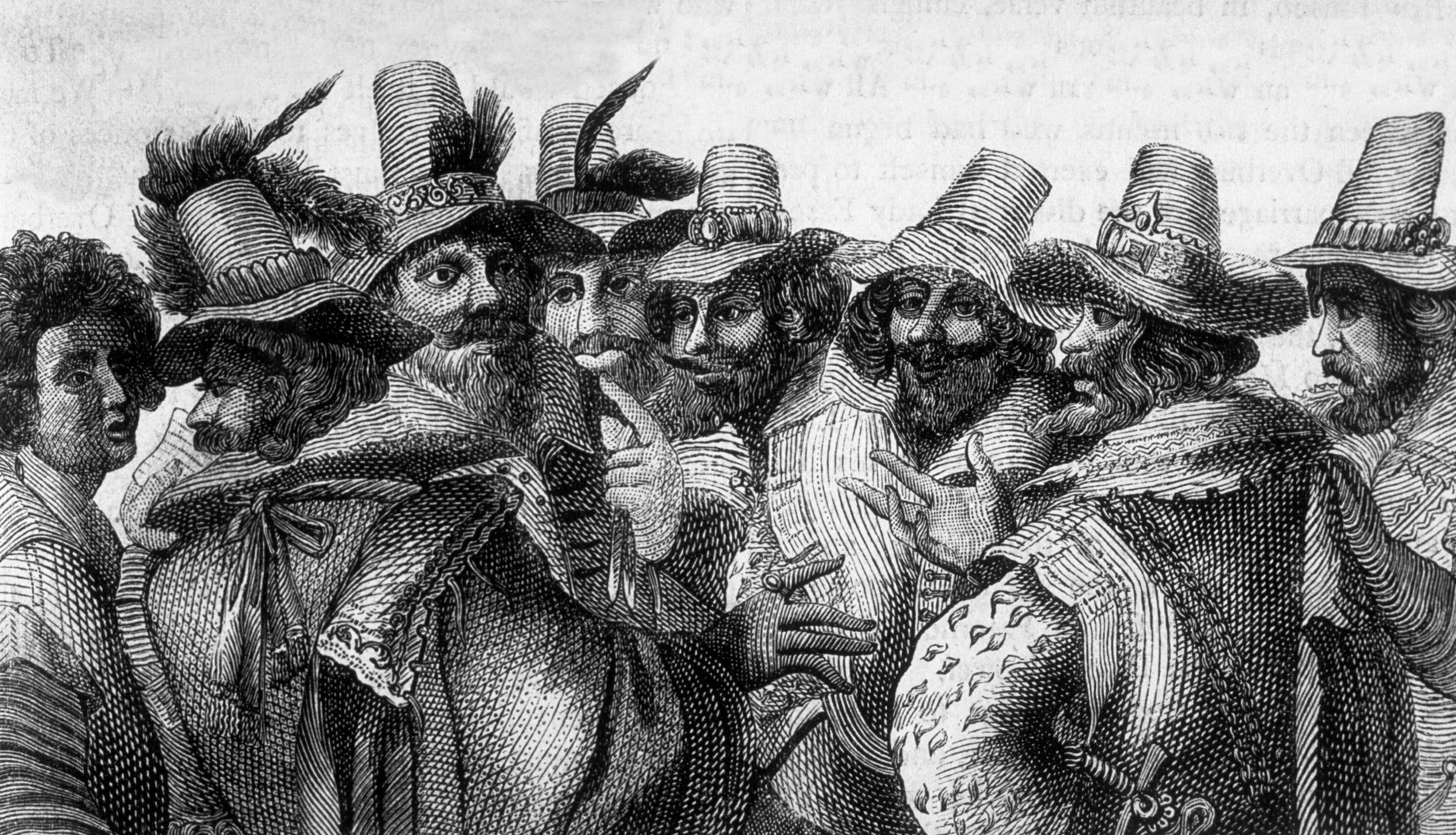 Engraving of Guy Fawkes and other Gunpowder plot conspirators, from OLD AND NEW LONDON (Vol. 1) by Walter Thornbury, 1897. (Time Life Pictures/The LIFE Picture Collection/Getty Images)