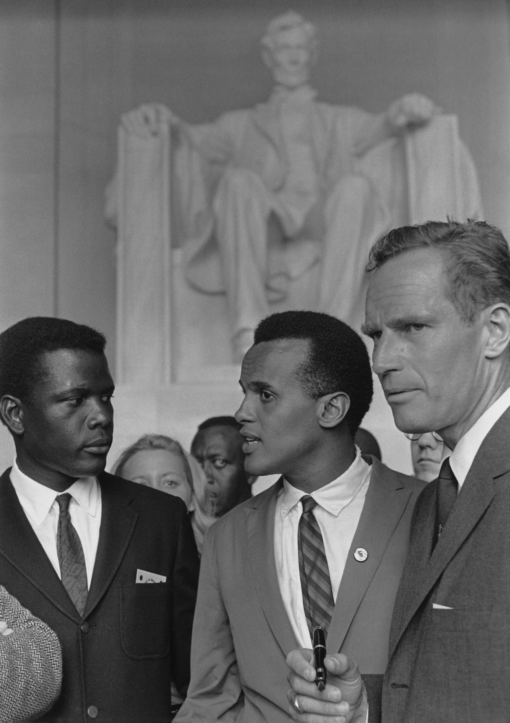 Actors Sidney Poitier, Charlton Heston and singer Harry Belafonte at the 1963 Civil Rights March on