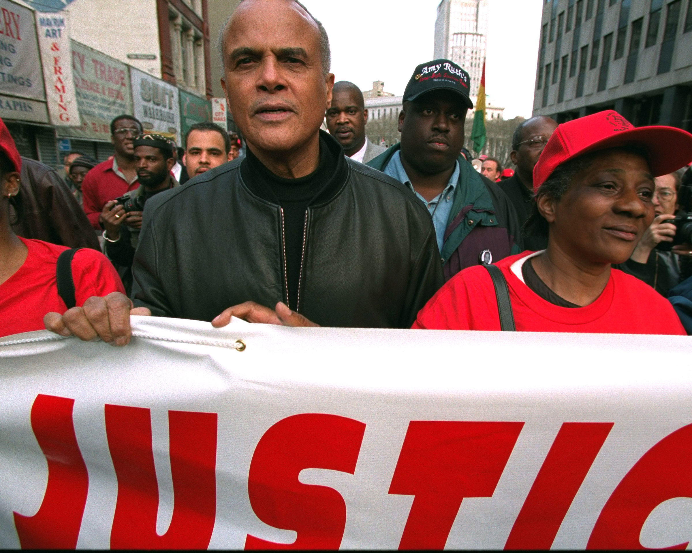 Lower Manhattan, Harry Belafonte at rally protesting police