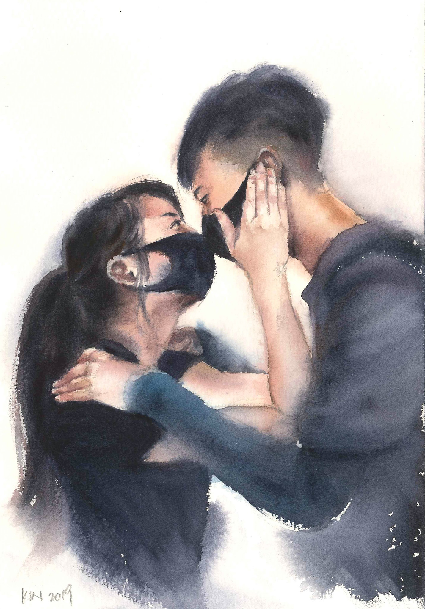 A drawing by Fung Kin Fan of a photo taken by Reuters Chief Correspondent James Pomfret showing a young couple in masks.