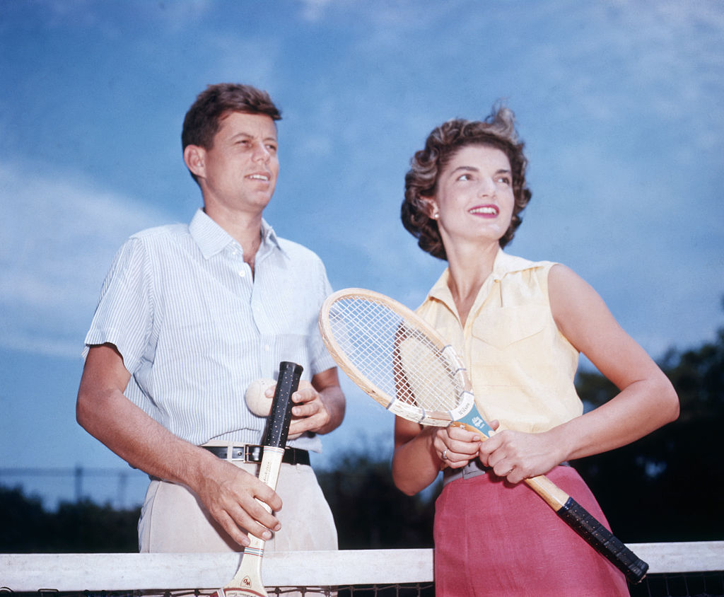 Senator John Kennedy and his fiancee Jacqueline Bouvier playing tennis in 1953. (Bettmann—Bettmann Archive/Getty Images)