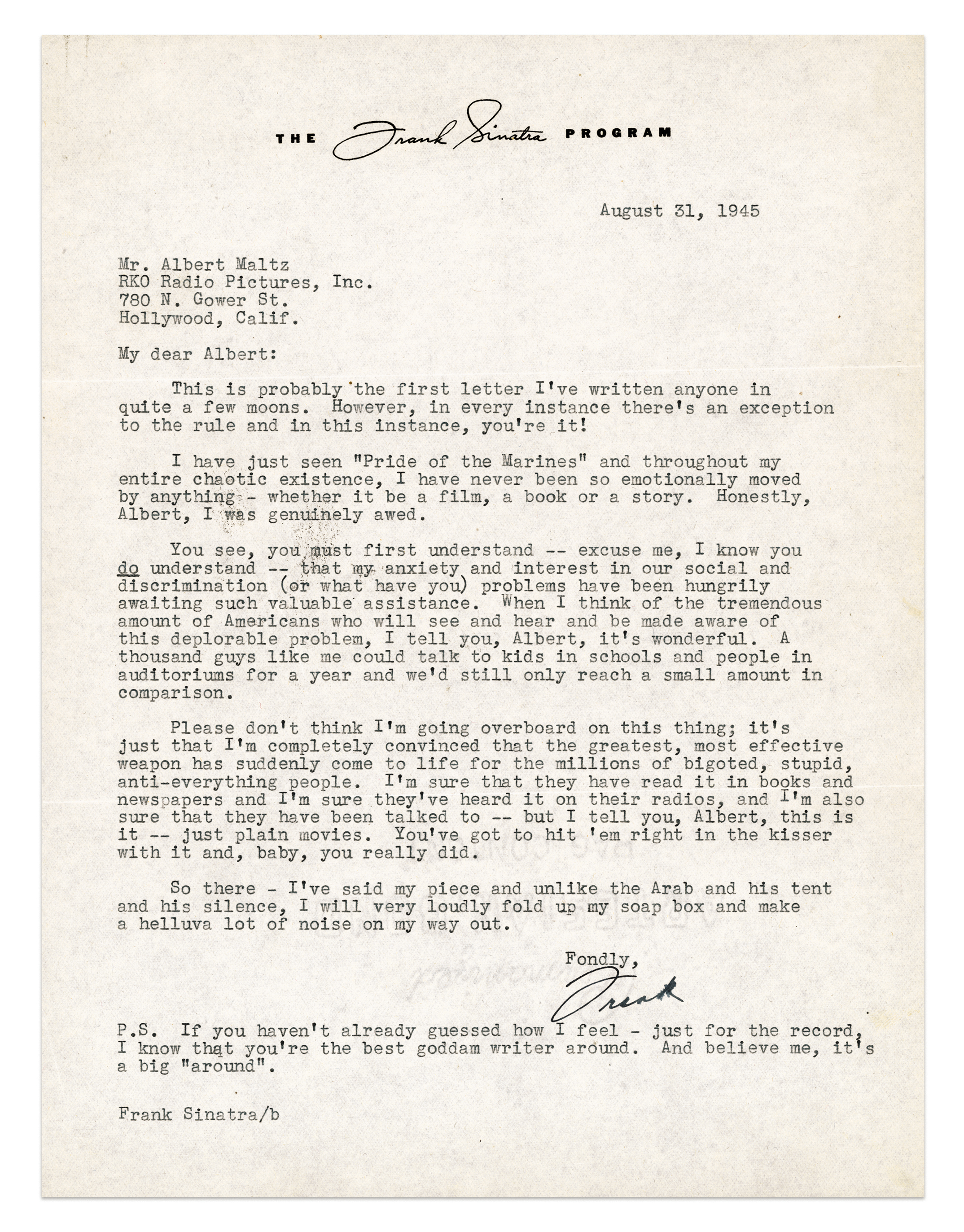 Frank Sinatra's letter to Albert Maltz. Aug. 31, 1945. (Courtesy of Frank Sinatra Enterprises)