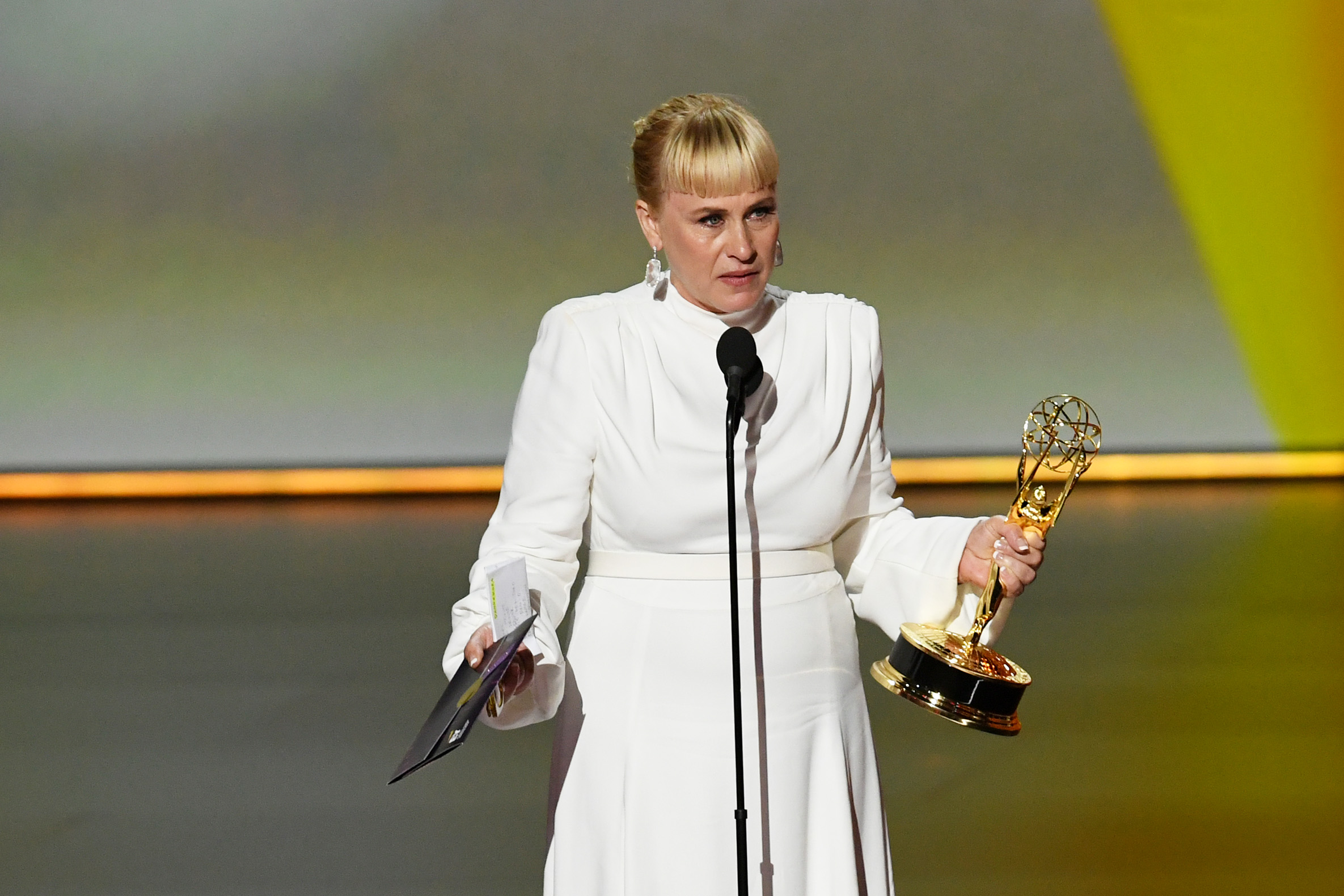Patricia Arquette speaks out for transgender rights while accepting the Emmy for Supporting Actress in a Limited Series or Movie for 'The Act' during the 71st Emmys. (Kevin Winter—Getty Images)