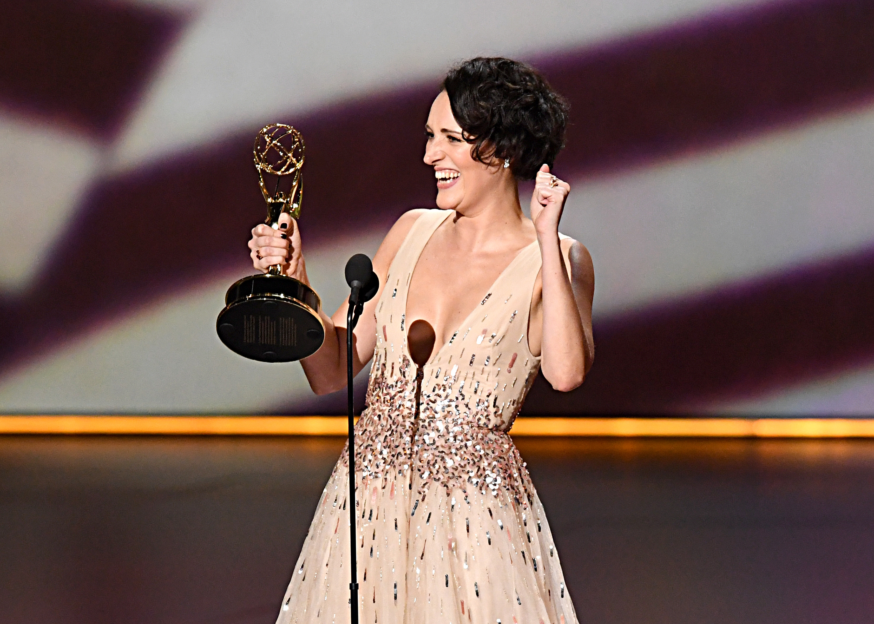 LOS ANGELES, CALIFORNIA - SEPTEMBER 22: Phoebe Waller-Bridge accepts the Outstanding Writing for a Comedy Series award for “Fleabag” onstage during the 71st Emmy Awards at Microsoft Theater on September 22, 2019 in Los Angeles, California. (Photo by Jeff Kravitz/FilmMagic) (Jeff Kravitz—FilmMagic)