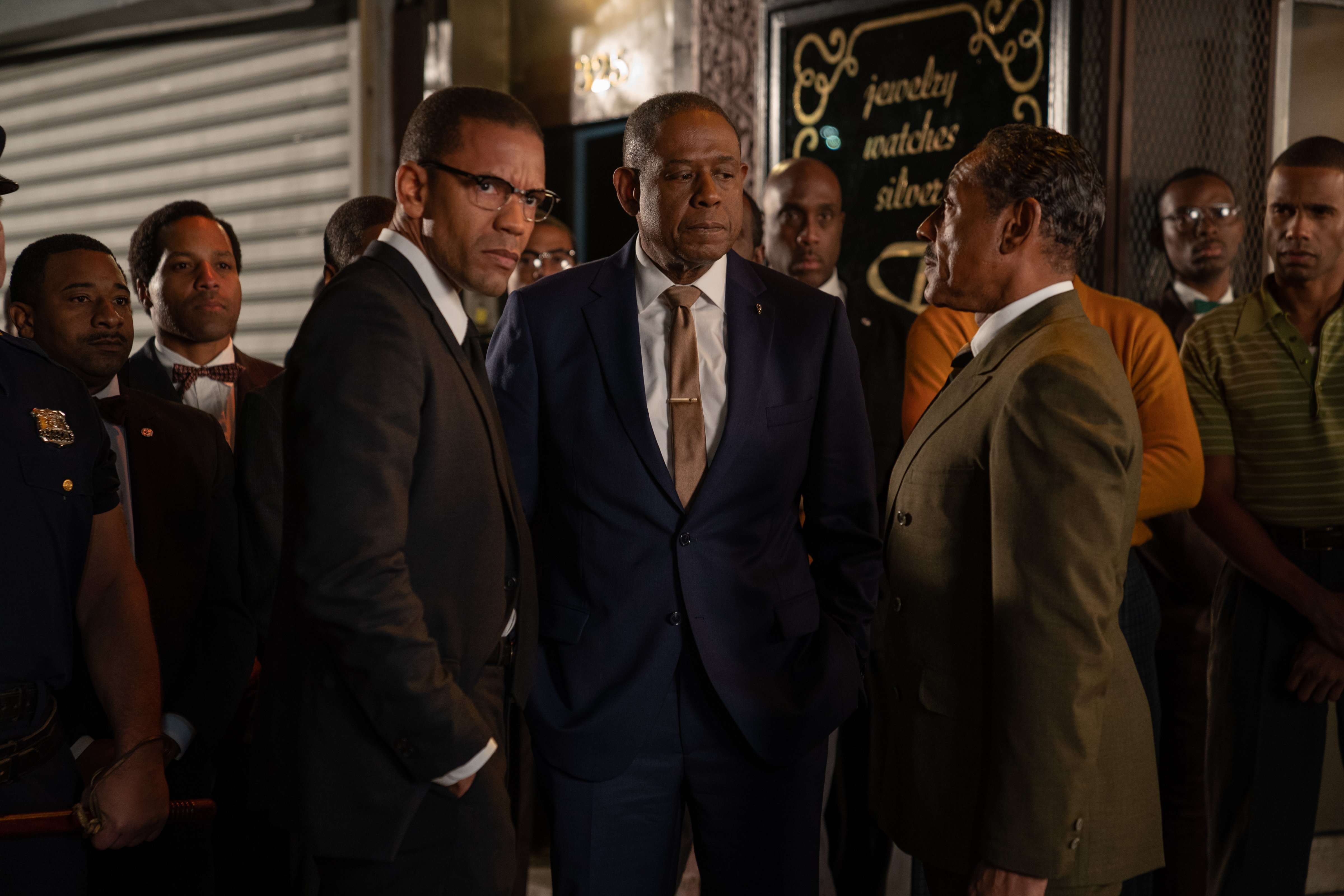 Malcolm X (Nigél Thatch), "Bumpy" Johnson (Forest Whitaker), and Rev. Adam Clayton Powell Jr. (Giancarlo Esposito) come together. (Photo Courtesy David Lee/EPIX)