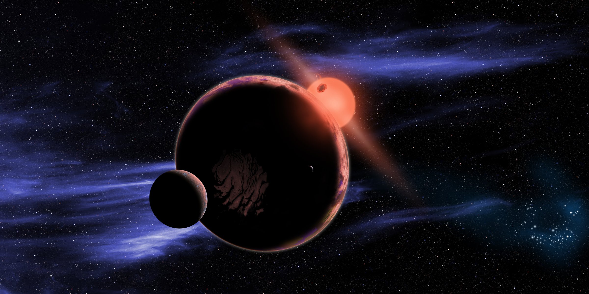 The artist's conception shows a hypothetical planet with two moons orbiting in the habitable zone of a red dwarf star.
