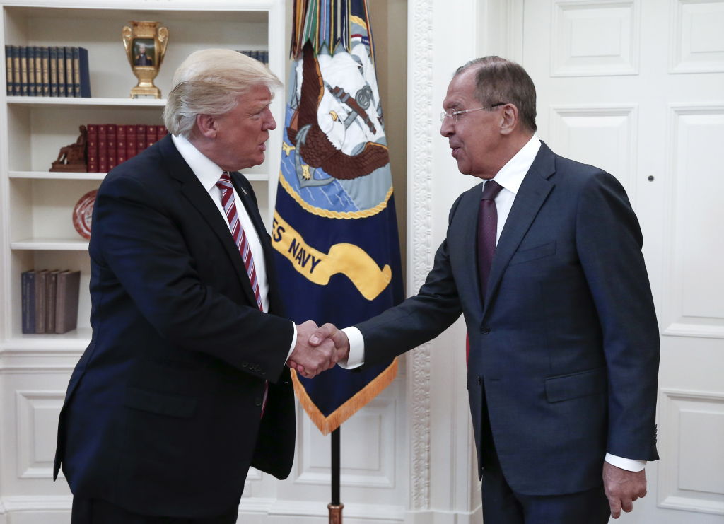 President Donald Trump shakes hands with Russia's Foreign Minister Sergei Lavrov as they meet for talks in the Oval Office at the White House, May 10, 2017. (Alexander Shcherbak&mdash;TASS via Getty Images)