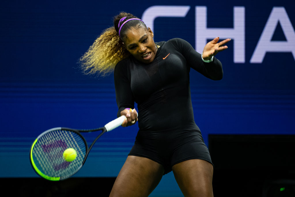Serena Williams in the first round of the 2019 U.S. Open in Arthur Ashe Stadium at the USTA Billie Jean King National Tennis Center on Aug. 26, 2019, in New York City. (TPN&mdash;Getty Images)