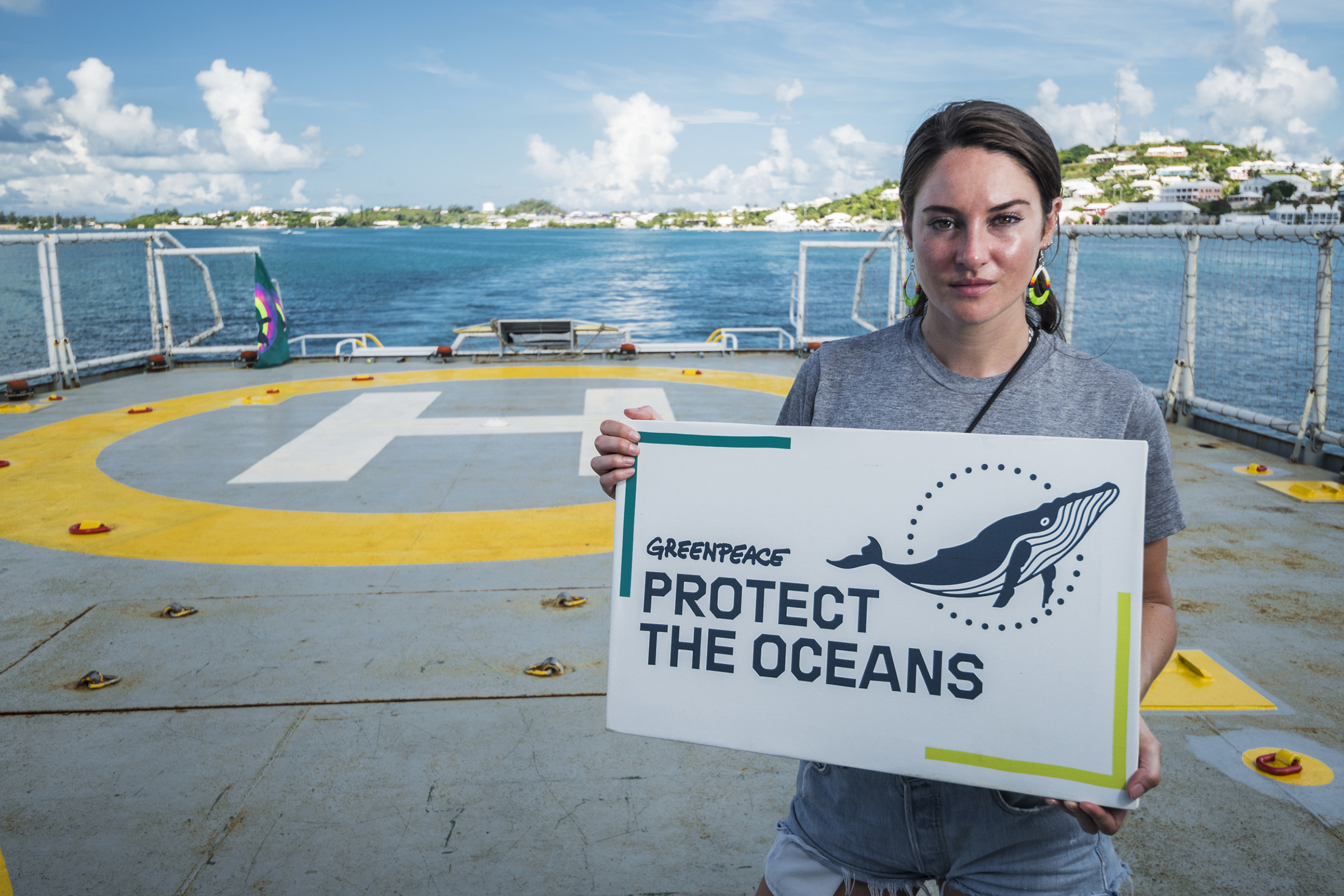 Shailene Woodley aboard the Greenpeace ship Esperanza departing Bermuda for the Sargasso Sea. The expedition will see Greenpeace and University of Florida researchers team up to study the impact of plastics and microplastics on marine life. (Shane Gross—Greenpeace)