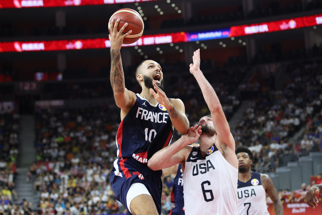 Evan Fournier #10 of France in action against Joe Harris of USA during FIBA World Cup 2019 Quarter-finals match between USA and France at Dongguan Basketball Center on September 11, 2019 in Dongguan, China. (Lintao Zhang&mdash;Getty Images)