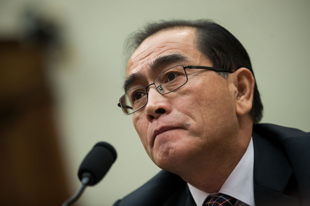 Thae Yong-ho, former deputy ambassador at the North Korean embassy in the United Kingdom, testifies during a House Foreign Affairs Committee hearing on Capitol Hill, Nov. 1, 2017. (Drew Angerer—Getty Images)