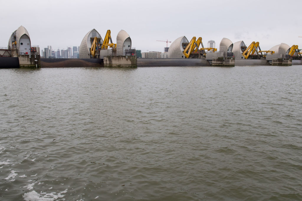 The Thames Barrier in east London is seen fully closed during its annual full test closure. The barrier's gates rotate by 90 degrees into the fully closed defence position stopping the tide going upstream into London. (Dominic Lipinski—PA Images/Getty Images)