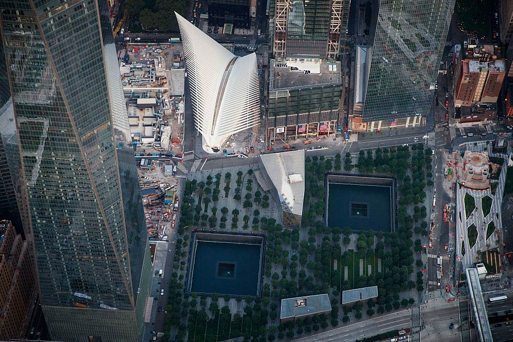 An aerial view of the 9/11 Memorial &amp; Museum and the Oculus Transportation Hub on September 8, 2016, in New York City. (Drew Angerer/staff—Getty Images)