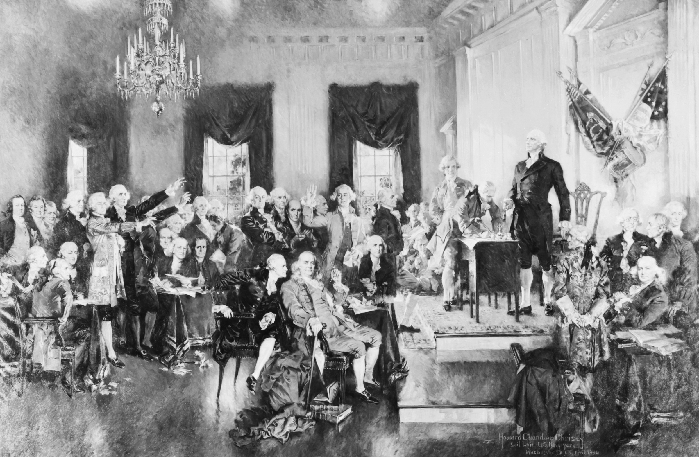 Painting by Howard Chandler Christie of George Washington presiding over the second Constitutional Convention in 1787. (Bettmann/Getty Images)