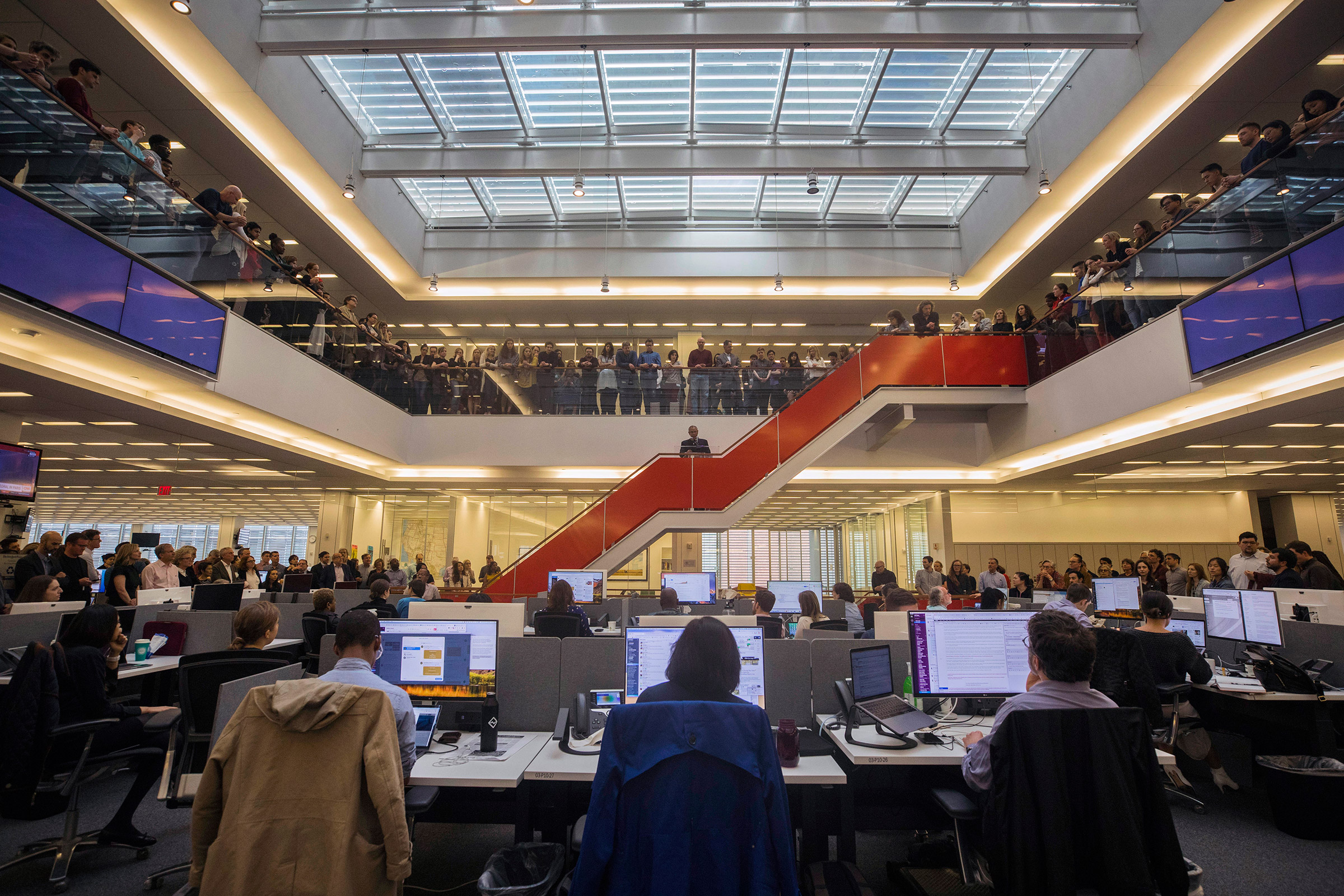 The newsroom gathers in April for Pulitzer announcements (Hiroko Masuike—The New York Times/Redux)
