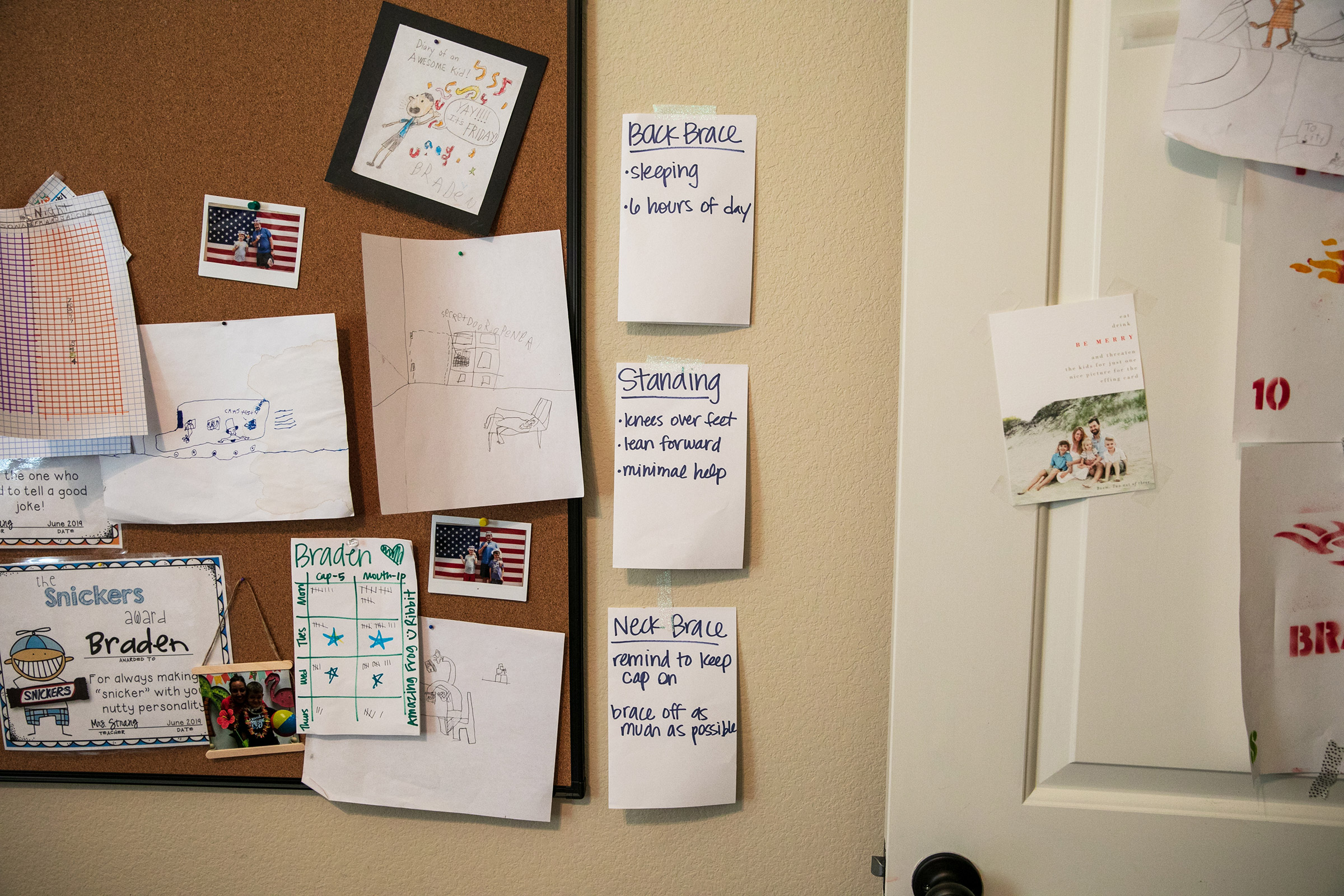 Some reminders of Braden's treatment hang on the wall in the Scott family home.