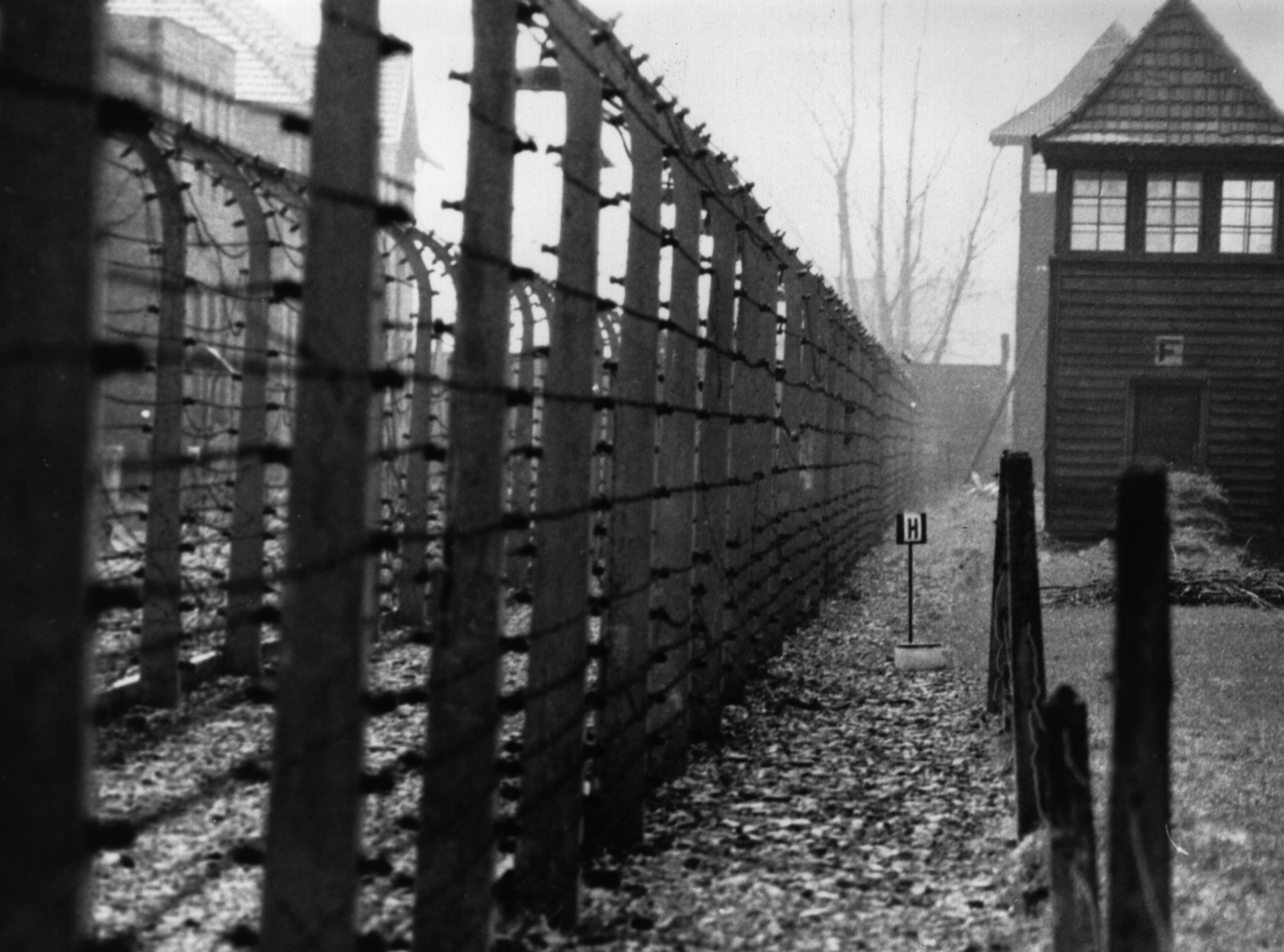 circa 1955:  The perimeter fence of the Nazi concentration camp at Auschwitz. (Keystone/Getty Images)