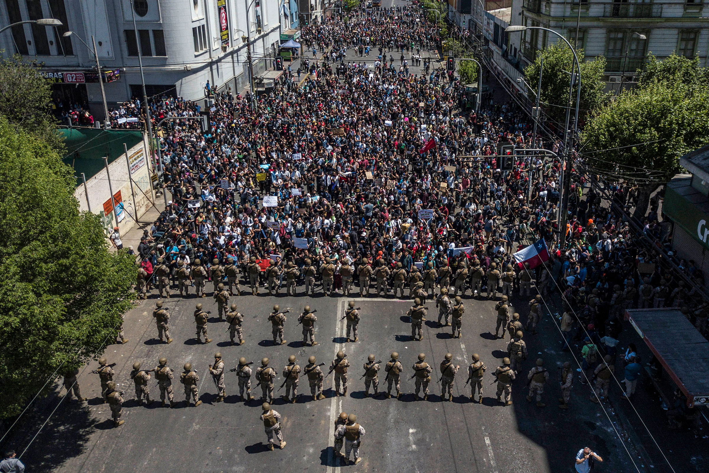 Aerial view of demonstrators during the fifth straight day of protests against a now suspended hike in metro ticket prices in Valparaiso Chile, on Oct.r 22, 2019.