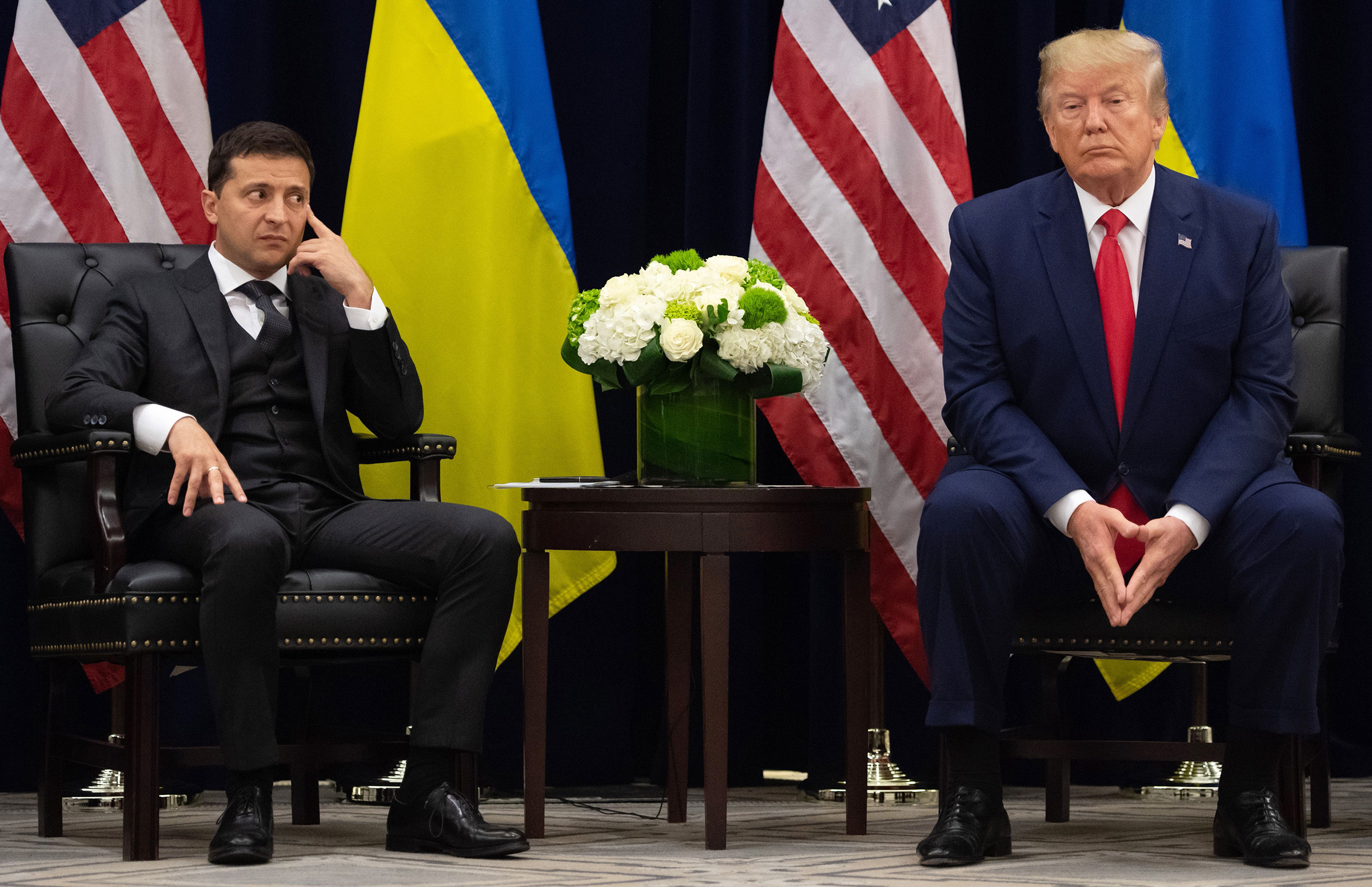 US President Donald Trump and Ukrainian President Volodymyr Zelensky looks on during a meeting in New York on September 25, 2019, in New York. (Saul Loeb—AFP/Getty Images)