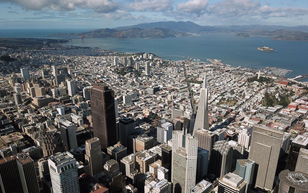 Downtown San Francisco, California is seen from above on February 6, 2019. (JOSH EDELSON—AFP/Getty Images)