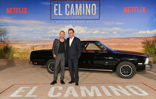 Aaron Paul and Bryan Cranston attend the premiere of Netflix's "El Camino: A Breaking Bad Movie" at Regency Village Theatre in Westwood, California on October 07, 2019.