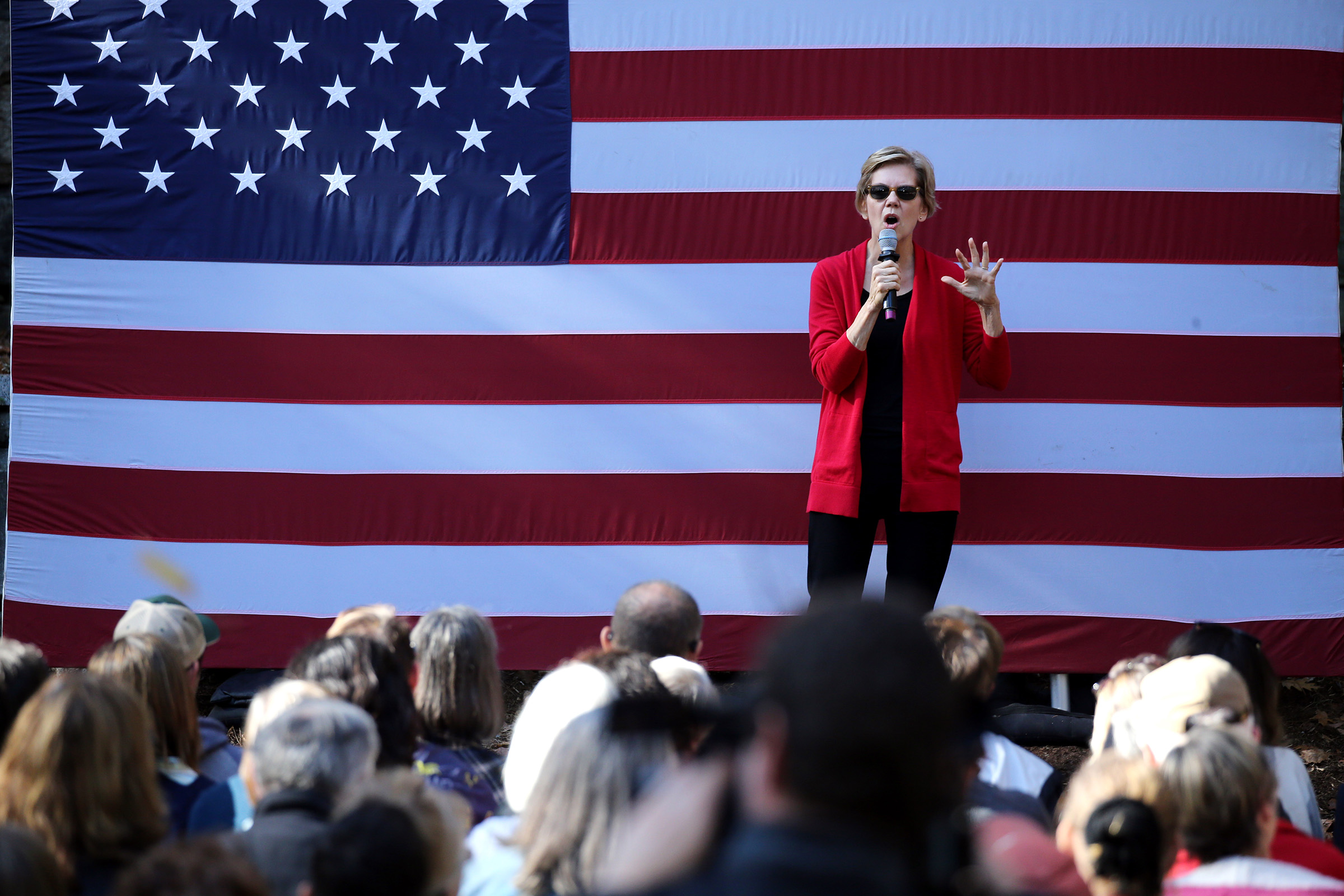 U.S. Senator and presidential candidate Elizabeth Warren speaks during a town hall event Dartmouth College in Hanover, NH on Oct. 24, 2019. (Boston Globe via Getty Images)