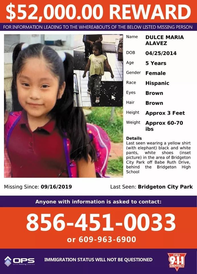 Authorities are offering $52,000 for information leading to the whereabouts of 5-year-old Dulce Maria Alavez, who was last seen in Bridgeton, N.J. on Sept. 16, 2019. (FBI)