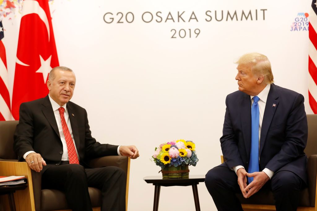 President of Turkey, Recep Tayyip Erdogan (L) meets with U.S President Donald Trump (R) on the sidelines of the second day of the G20 Summit at INTEX Osaka Exhibition Center in Osaka, Japan on June 29, 2019. (Anadolu Agency&mdash;Getty Images)