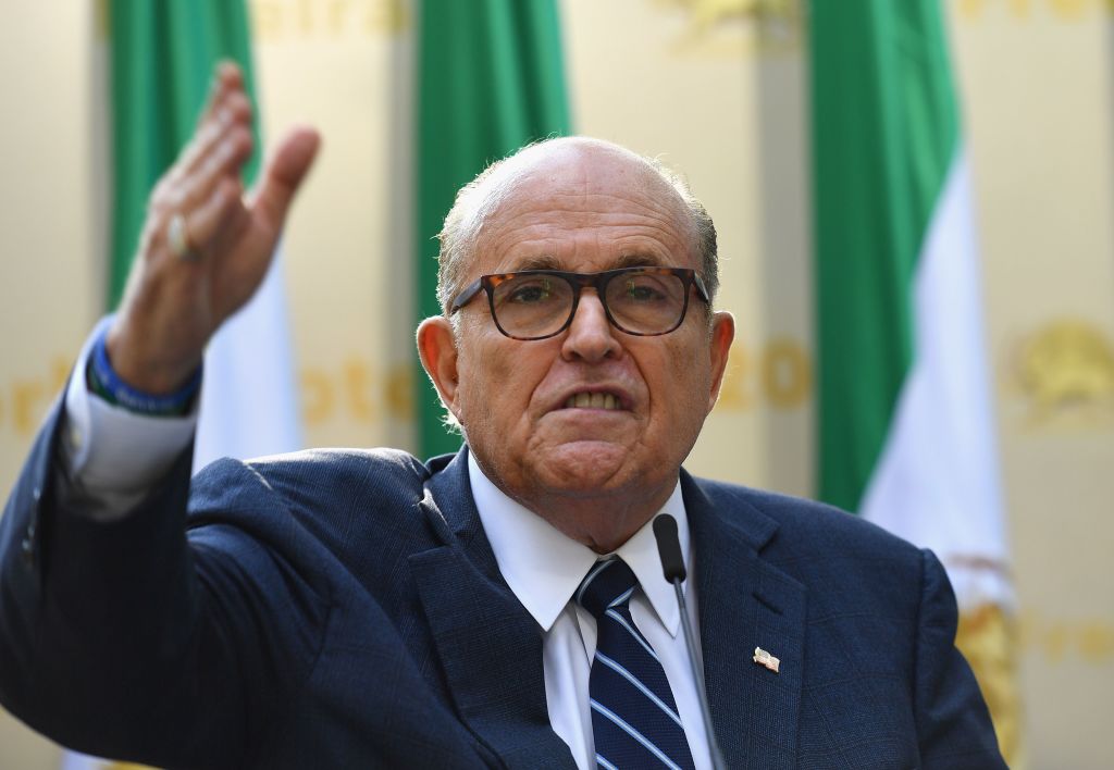 Rudy Giuliani, Former Mayor of New York City speaks to the Organization of Iranian American Communities during their march to urge "recognition of the Iranian people's right for regime change," outside the United Nations Headquarters in New York on September 24, 2019. (ANGELA WEISS&mdash;AFP/Getty Images)