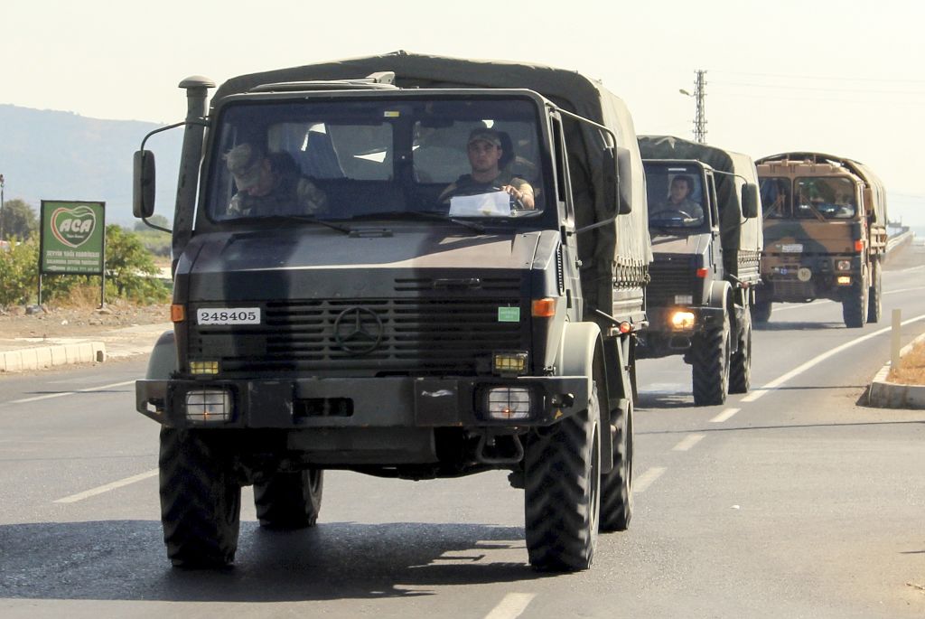 Vehicles of Turkish Armed Forces, carrying Turkish commandos, are on the way to support the units at border in Hatay, Turkey on Oct. 8, 2019 (Hilmi Tunahan Karakaya—Anadolu Agency via Getty Images)