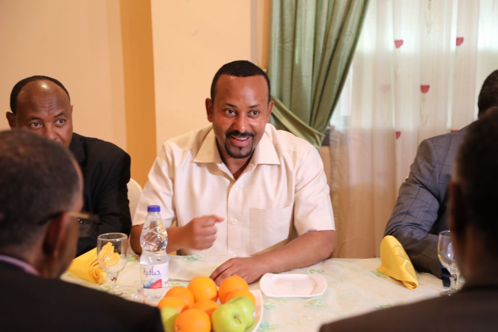 Ethiopia's Prime Minister Abiy Ahmed speaking during the mediate talks with a delegation of the Alliance of Freedom and Change, after ruling military council intervened the pro-democracy demonstrators that left more than 100 people dead, at the Ethiopian Embassy in Khartoum, Sudan on June 07, 2019 (Mahmoud Hjaj—Anadolu Agency via Getty Images)
