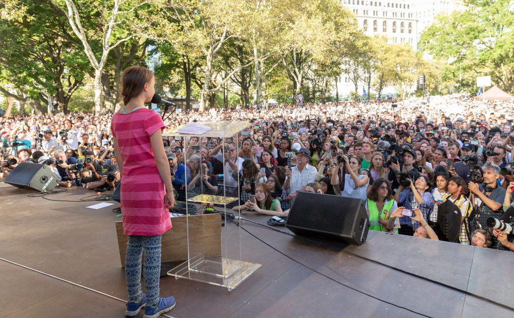 Greta Thunberg speaks on stage during NYC Climate Strike rally and demonstration at Battery Park on Sept. 20. (Ron Adar — SOPA Images/LightRocket)
