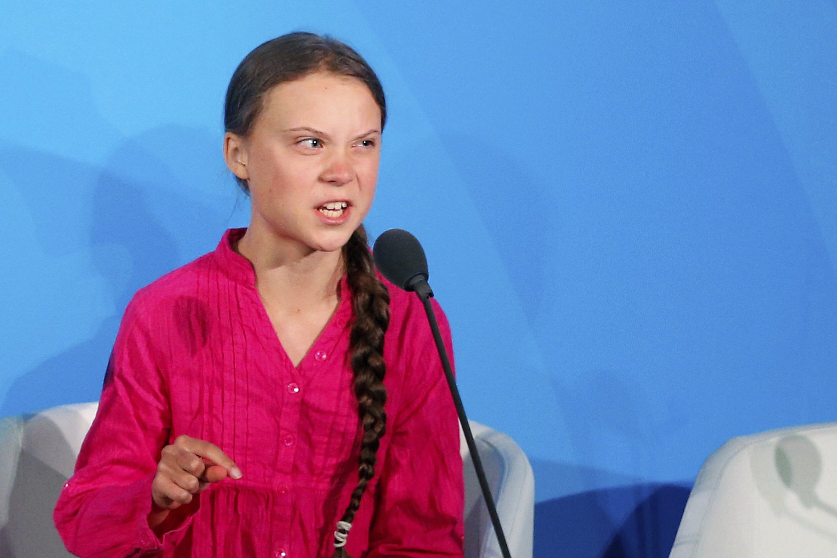 Youth activist Greta Thunberg addresses the Climate Action Summit at the United Nations on Sept. 23, 2019 in New York City. (Jason DeCrow — AP)